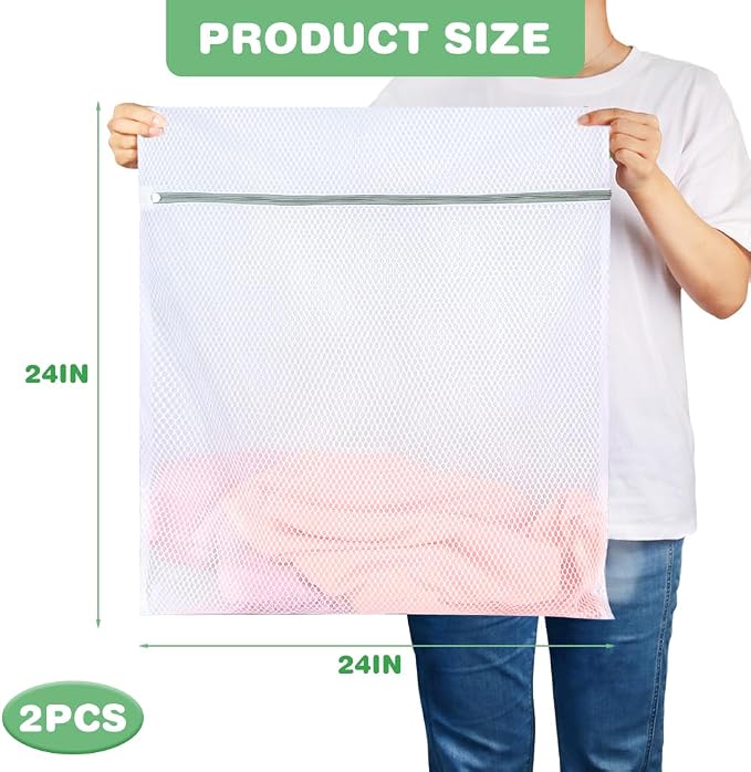 Tenn Well 2Pk 24x24" Honeycomb Mesh Laundry Bags XXL | XX-Large bags with colorful zipper for huge clothes, curtain, coverlet, carpet, durable honeycomb mesh