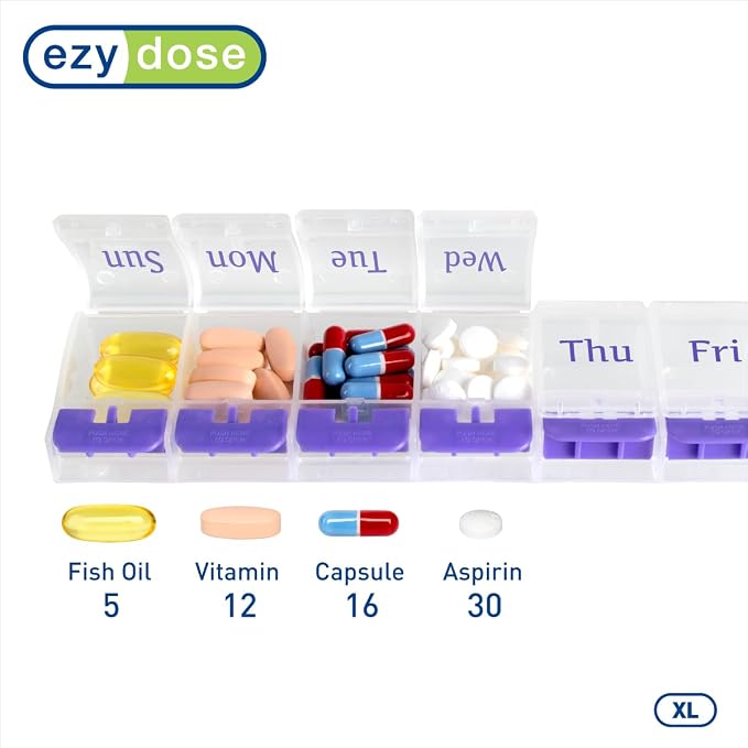 Ezy Dose Weekly (7-Day) Pill Organizer, X-Large Medicine Case, Purple/Clear | Daily Vitamin & Supplement Planner, Spacious Push-Button Compartments, Convenient & Easy to Use, Travel-Friendly, BPA-Free