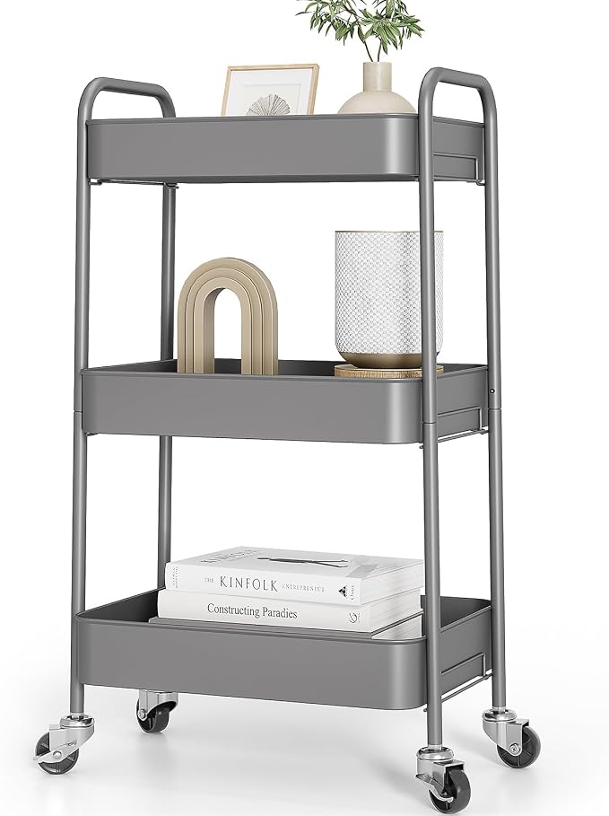 TOOLF 3 Tier Metal Rolling Cart, Utility Storage Cart with Wheels, Grey | Screwless Assembly, Lockable Metal Wheels, Trolley Organizer for Bathroom, Kitchen, Office, Dorm, Laundry, Craft Room