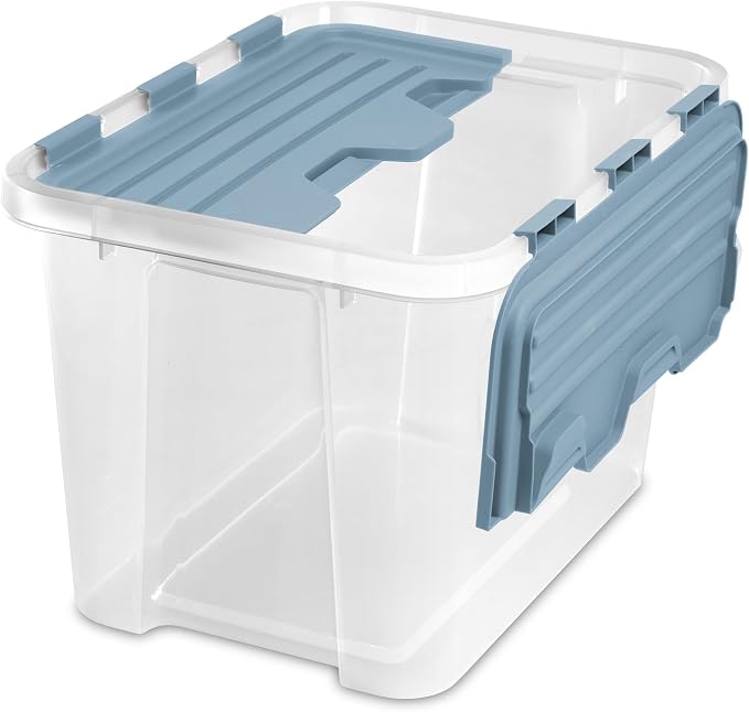 Sterilite 24 Pack Hinged Lid Storage Box, 30 Qt Plastic Container, Washed Blue - Home Organizer Tote for Storing Shoes, Crafts, Clothing, or Decor