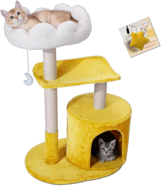 33" Cloud Cat Tree Tower, Cozy Bed & Large Condo for All Cats | 33" Multi-Level Cat Tower, Scratching Posts, Viewing Perch & Toys, Stable Structure, Padded Bed, 13.7"x11.8" Cat Condo