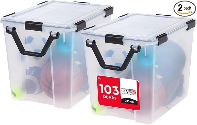 IRIS USA WeatherPro Storage Bins with Lids, 103 Qt, Gasket Seal, 2 Pack | Extra-large weather-tight storage for holiday décor, camping gear, totes, blankets, tools, and seasonal organization.