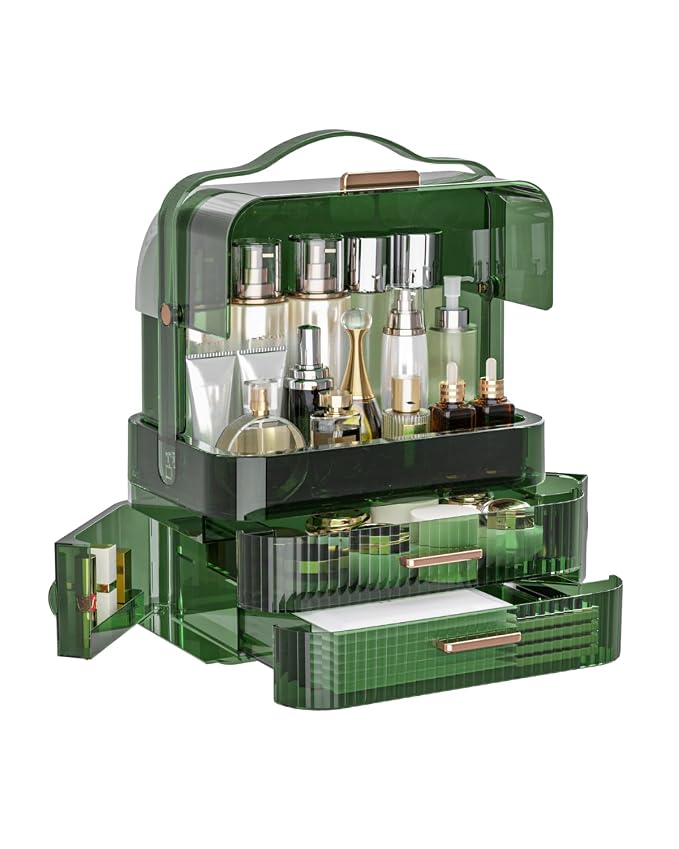 LINFIDITE Cosmetics Storage Box Transparent Lid Large Makeup Organizer Box Drawers Portable Handle Waterproof Dustproof Skincare Display Cases for Countertop, Bathroom, Dresser,Gift Clear Green