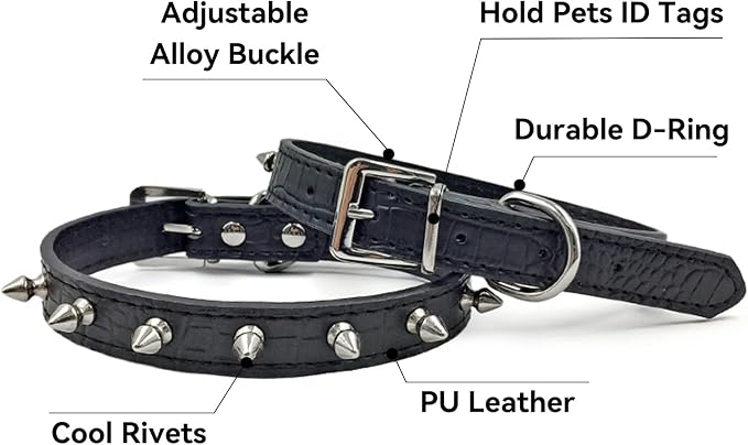 Enjoying Spiky Dog Collar, Spiked Dog Collar for Medium Dogs, Anti-Bite Studded Protective Pet Neck, Faux Leather Spiky Collar with Metal Rings for Hold Pet Tags/Leash, Adjustable, Black, M