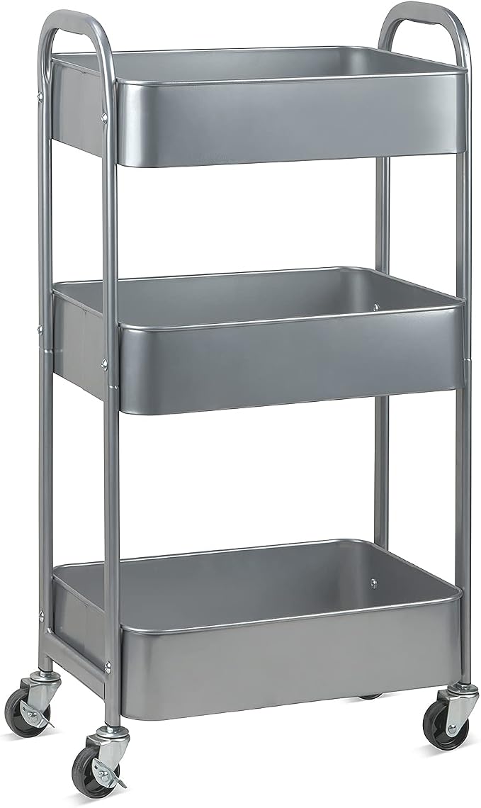 MAX Houser 3-Tier Rolling Utility Cart with Caster Wheels, Silvery-Grey | Easy Assembly, multi-purpose storage trolley for kitchen, rolling cart with smooth caster wheels for bathroom