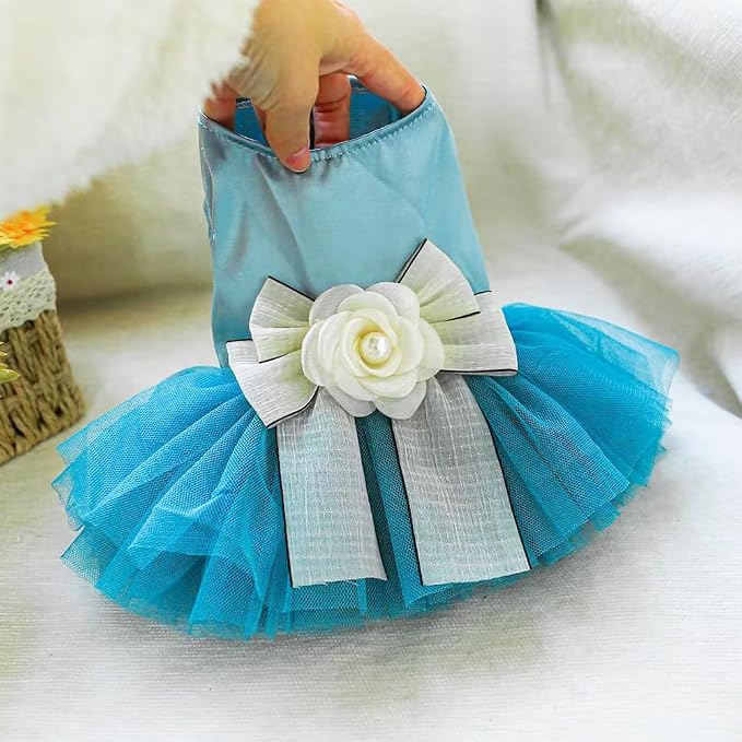 Blue Puppy Dress for Small Dogs with Bow Knot Gorgeous Cat Wedding Dresses Elegant Girl Dog Clothes Pet Party Ball Gown Outfit for Holiday Birthday Engagement Valentines (Sky Blue, Small)