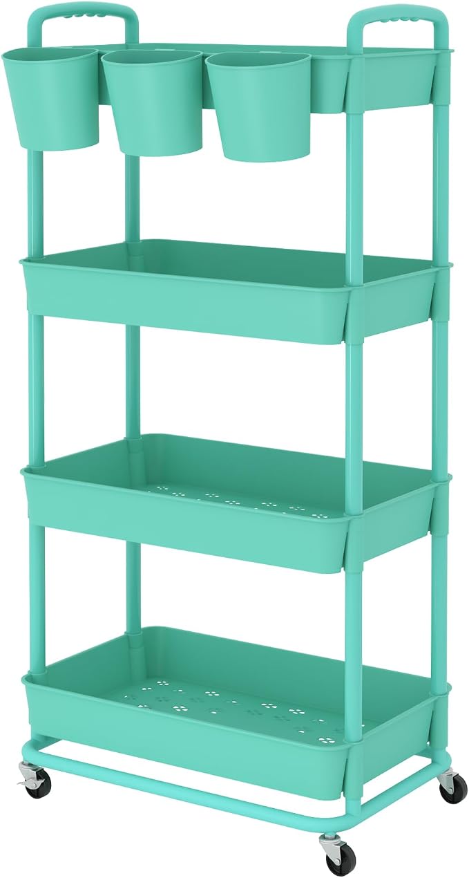 4-Tier Plastic Rolling Storage Cart Utility Cart with Extra Hanging Cups Handles Lockable Wheels for Living Room Bathroom Kitchen Office Green | Utility Cart with Extra Hanging Cups Arc-Shaped Handles Lockable Wheels for Living Room Bathroom Kitchen Of...