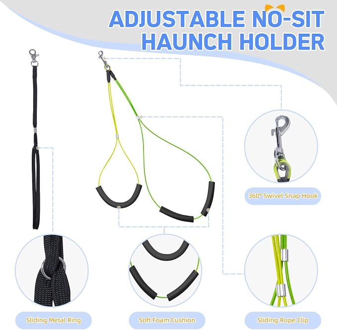 Dog Grooming Arm with Hammock, Height 27"-38", Size M, Blue | Foldable table arm with no-sit holder and restraint loops; ideal for small and medium pets at home or in salons.