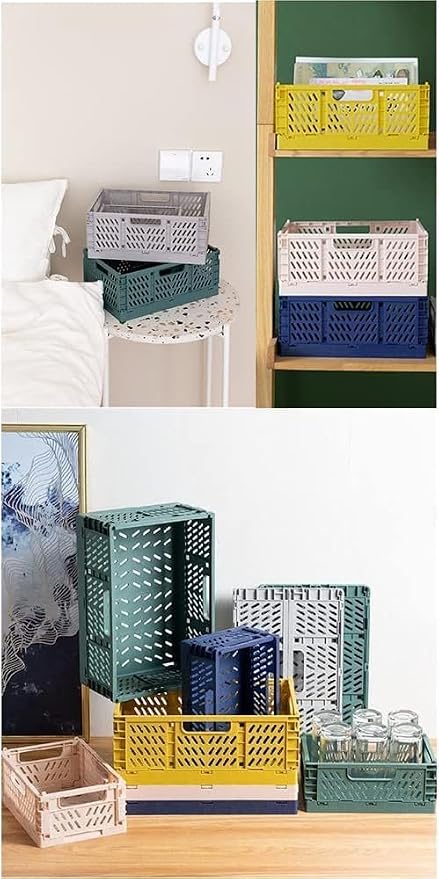 Plastic Collapsible Crate Folding Storage Basket with Handle for Shelves Home Kitchen Classroom and Office Vanity Bathroom Organization Drawer Clapboard Partition (Large Multicolor-4pack)