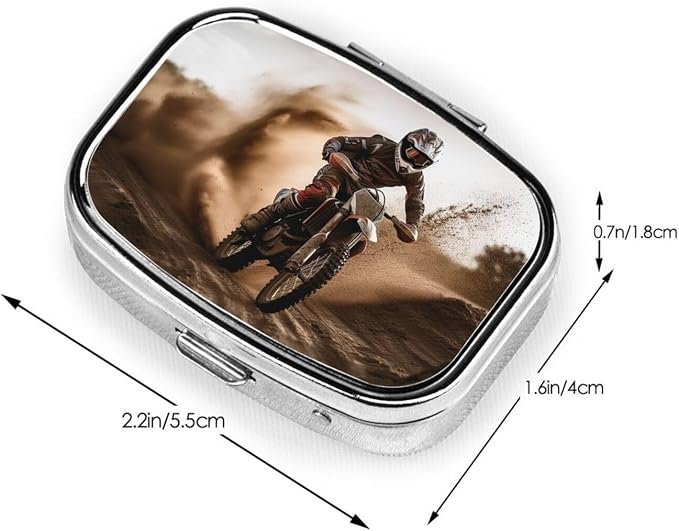 Motocross Pill Box 2 Compartment Medicine Pill Organizer Square Pill Case for Purse & Pocket Travel Pillbox Portable Metal Medicine Vitamin Fish Oil Organizer Unique Gift