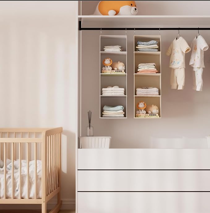 Hanging Closet Organizer and Storage with Bamboo Shelves - Foldable Storage for Clothes, Towels, Accessories | Space Saving, No Assembly Needed (Beige)