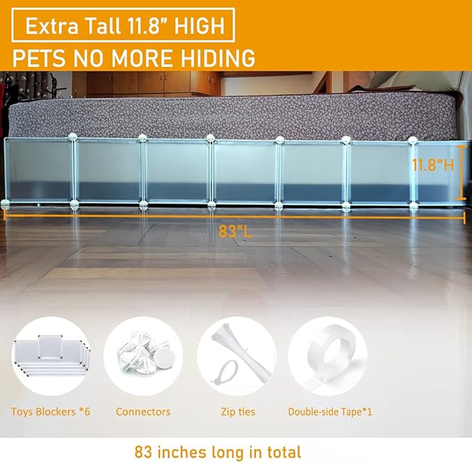 Under Bed Blocker for Pets, Gap Bumper for Under Bed, Stop Things Going Under Bed or Sofa Couch, Toys Blocker for Cats Dogs, Easy to Install, Total 11.8" Height 83" Length, White