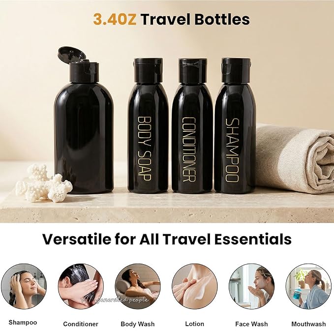 Cosywell Travel Bottles for Toiletries 4pcs 3.4oz Travel Shampoo bottles | TSA Approved, Black Travel Size Containers, Leak Proof, Small Plastic Squeeze Bottles with Flip Cap, and a Toiletry Bag
