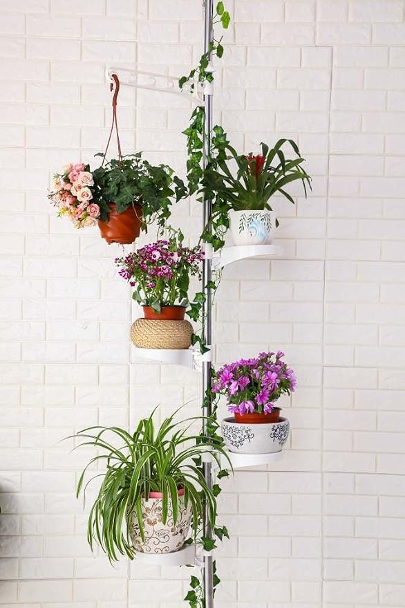 BAOYOUNI 5-Tier Plant Stand Pole Tension Rod Flower Holder Rack, Ivory | Adjustable Stainless Steel Vertical Garden Organizer ,Space-Saving Indoor Plant Display ，No-Drill 4 Trays&1 Hook