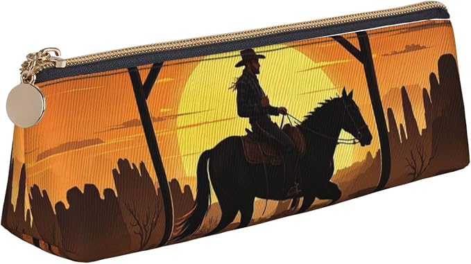 Leather Pen Case with Zipper - Aesthetic Pen Holder Cowboy Riding Ranch Desert Pencil Case for Women & Men - Handcrafted Pencil Bag Multi-Functional Travel Cosmetic Case for Work Office Tool Pouch