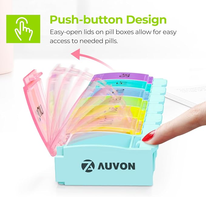 AUVON Weekly Pill Organizer Arthritis Friendly, BPA Free Travel 7 Day Pill Box Case with Spring Open Design and Large Compartment to Hold Vitamins, Cod Liver Oil, Supplements and Medication