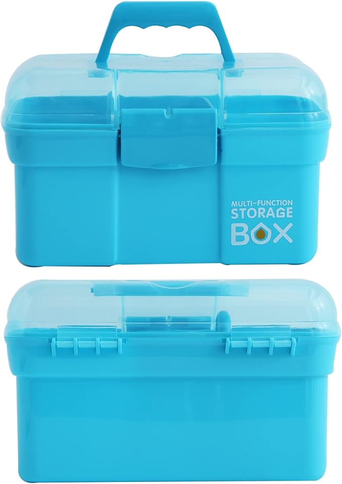 Kinsorcai 11'' Plastic Storage Box with Removable Tray, Multipurpose Organizer and Storage Case for Art Craft and Cosmetic (Blue)