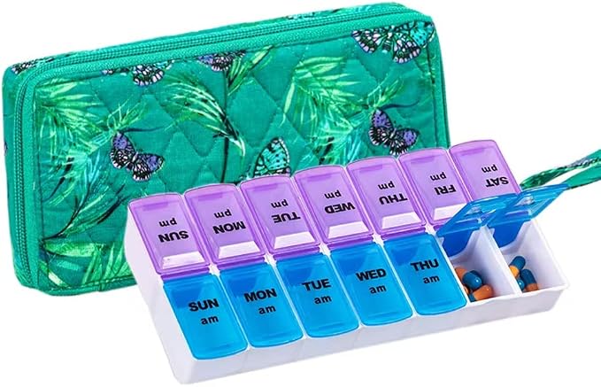 Weekly 7 Day Pill Organizer Case 2 Times a Day (AM/PM), Large Portable Pill Box 7 Day for Vitamin Medicine, Pill Case with Quilted Fabric Zipper Cute Bag for Travel or Daily