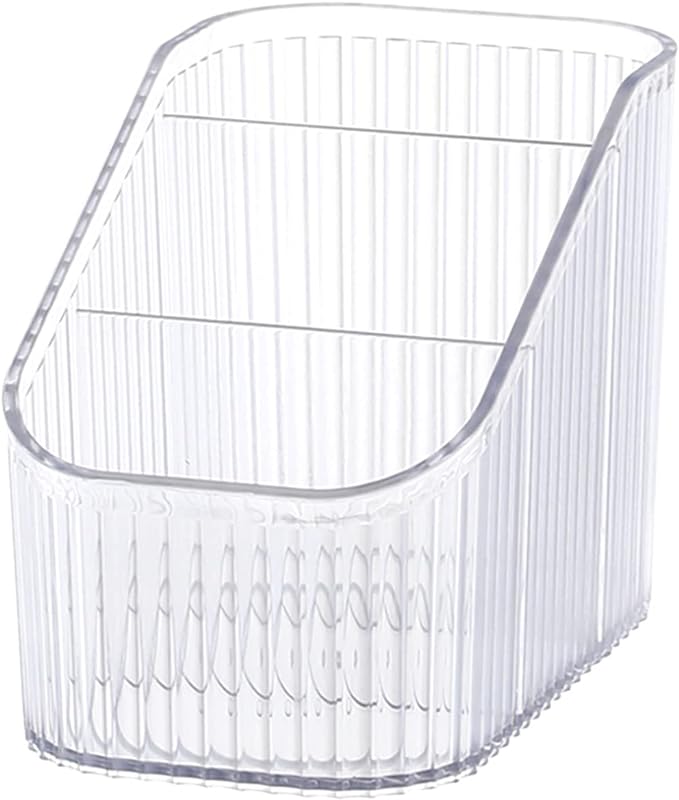 DASITON Large Capacity Makeup Brush Holder,3 Slot Makeup Brush Cup,Vintage striped Make Up Brush Holder,for Vanity Decor,Bathroom Countertops,Desk Storage Container,Cosmetic Display cases(Clear-S)