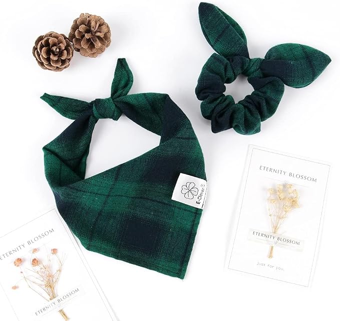 E-Clover Christmas Green Dog Bandanas Matching Dog Bandana and Scrunchie | Green Plaid Dog Bandana Matching Dog and Owner Clothes Dog Mom Gifts Dog Bandanas Girl Boy