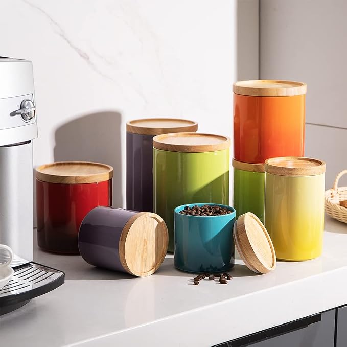 Sweejar Ceramic Food Storage Jar, Stackable Kitchen Canisters, Containers with Airtight Seal Wooden Lid for Serving Coffee Bean, Flour, Tea, Cookies, Spice and More - 58 Fl Oz (Gradient Orange)