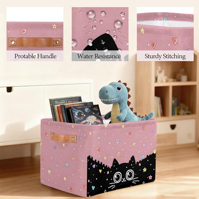 Pardick Storage Baskets Bin, Cute Cat Black Collapsible Canvas Fabric Storage Bin Decorative Baskets Toy Organizer Rectangle Storage Boxes with handles for Home Shelves Nursery,Q-10