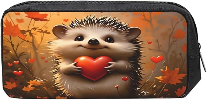Hedgehog Heart Autumn Large Pencil Case, Durable Pen Bag Zipper Organizer Pouch for Office Travel for Women Men