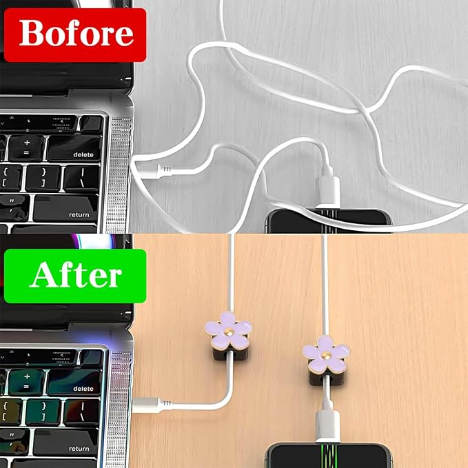 Magnetic Cord Organizer, Easy Secure Adhesive Cable Management, Wire Holder Organizer, Hide Or Organize Phone USB Charger Cable Clips for Home,Office,Car,Desk,Nightstand (Purple Flower-4 Pack)