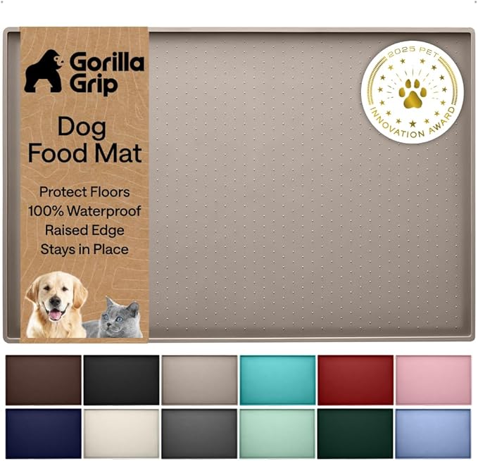 GORILLA GRIP 100% Waterproof Raised Edge BPA Free Silicone Pet Feeding Mat, Dog Cat Food Mats Contain Spills Protects Floors, Placemats for Cats and Dogs Water Bowl, Pets Accessories 26x17 Beige