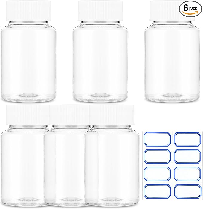 Sibba Clear Pill Bottle 6 Pcs Empty Medicine Organizers 30ML Jar Powder Box Storage Transparent Reagent Containers Plastic Dispenser Leak Proof Caps Receptacle for Toiletries Counter Labels