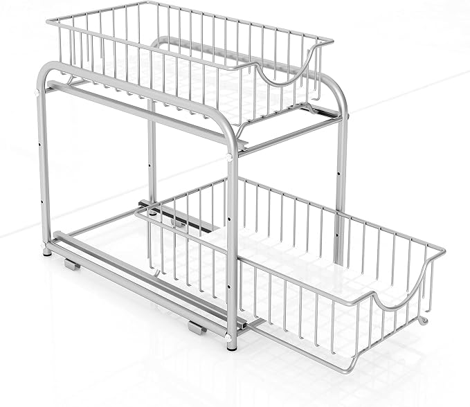 2-Tier Pull Out Organizer Under Sink Sliding Cabinet Rack,Sliver | Stackable sliding basket metal organizer with adjustable height and anti slip pad. Ideal for under sink or cabinet storage.