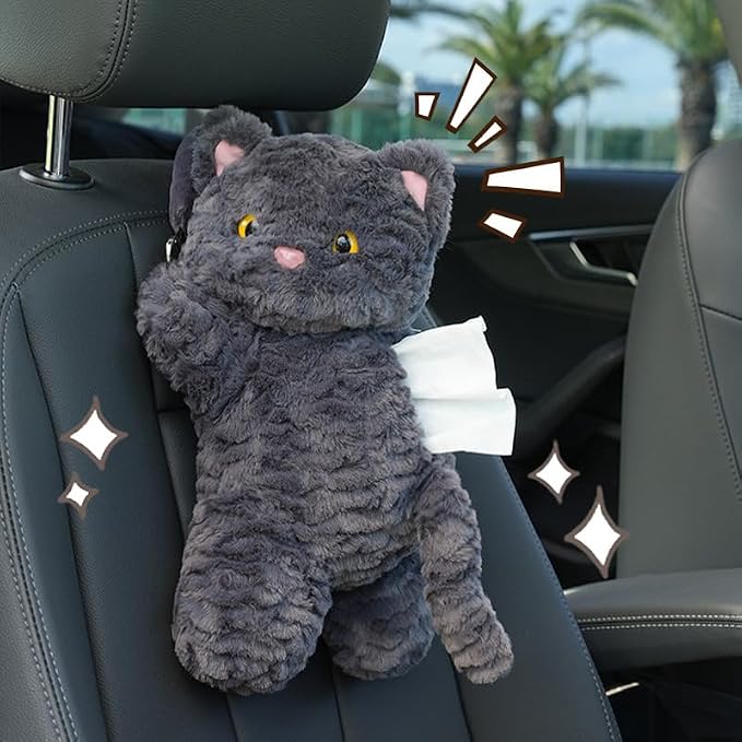 Cute Cat Car Tissue Holder Plush Kitten Paper Box for Backseat Adorable Hanging Organizer & Decor for Women Pet Lovers & Gifts (Black)