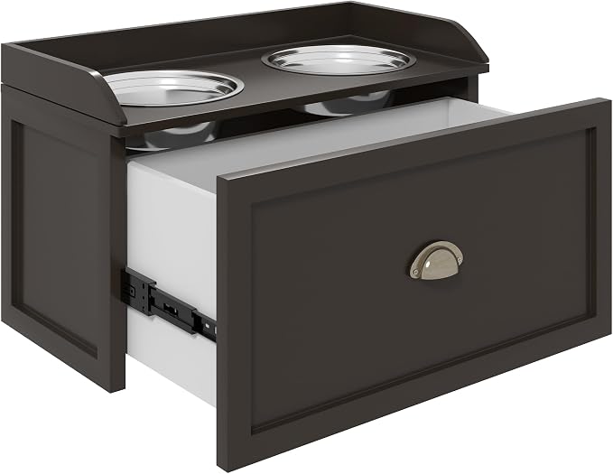PawHut Dog Feeding Station with Storage Drawer, Dog Food Storage Cabinet with 2 Removable Elevated Pet Bowls for Large Sized Dogs, Coffee | 2 Removable Elevated Pet Bowls, for Large Sized Breeds