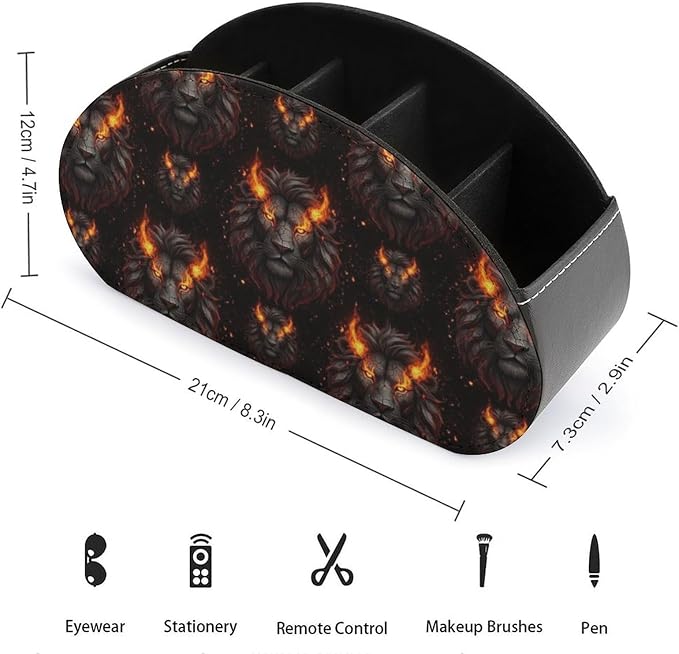 TV Remote Controllers Holder Fire Cool Lion Black Bedside Table Organizer | Desktop Storage Caddy Box, Fire Cool Lion Black, Pu Leather, 5 Compartments for Controller, Media Player