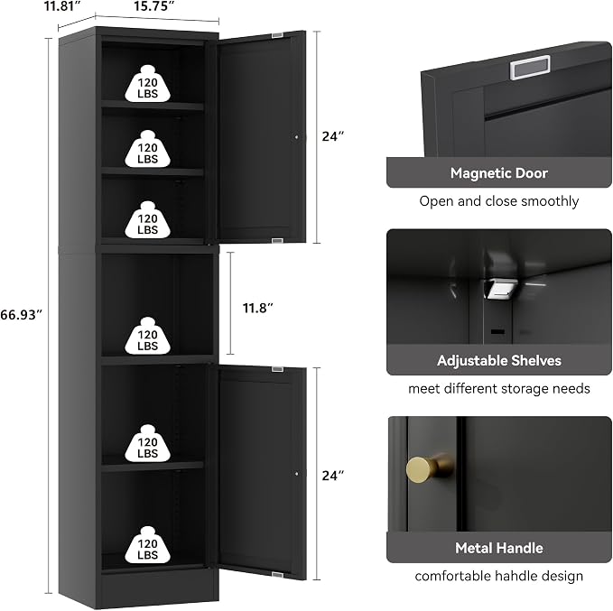 YAUWOH 2-Door Metal Storage Cabinet, Tall Slim Pantry Organizer with 3 Adjustable Shelves (120LBS/Shelf), Anti-Tipping Waterproof Cabinet for Bathroom/Kitchen/Home Office/Small Spaces, (1PC,Black)