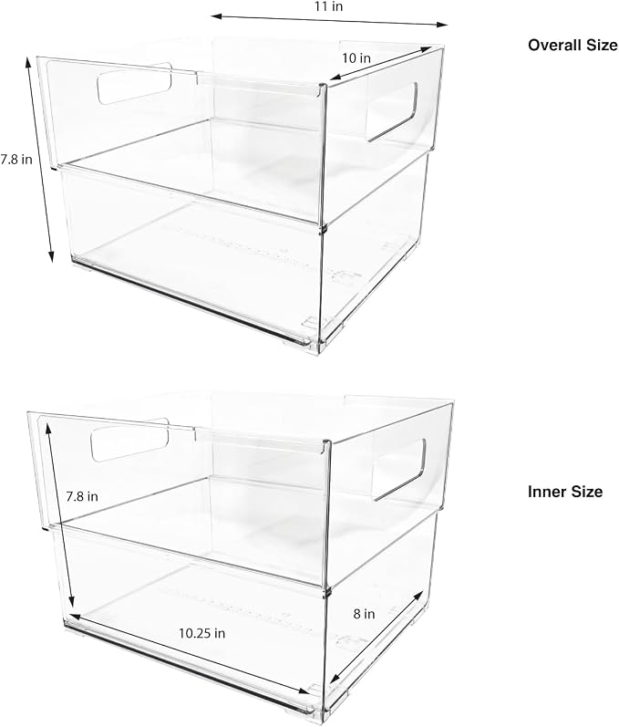 Isaac Jacobs 2-Pack Clear Expandable Storage Bins - Extra Large | 11"-19" L x 10" W x 7.8" H, Plastic Organizer with Cut-Out Handles, Adjustable Length from 11-19" Home, Kitchen & Office