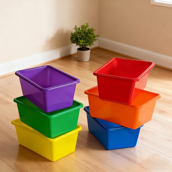 6 Pack Small Cubby Bins, Plastic Storage Containers for Classroom, Rainbow | Multi-Purpose Stackable Bin Organizer Storage Cubbies for Home, Playroom and Library, Shelf Bins, Book Bins