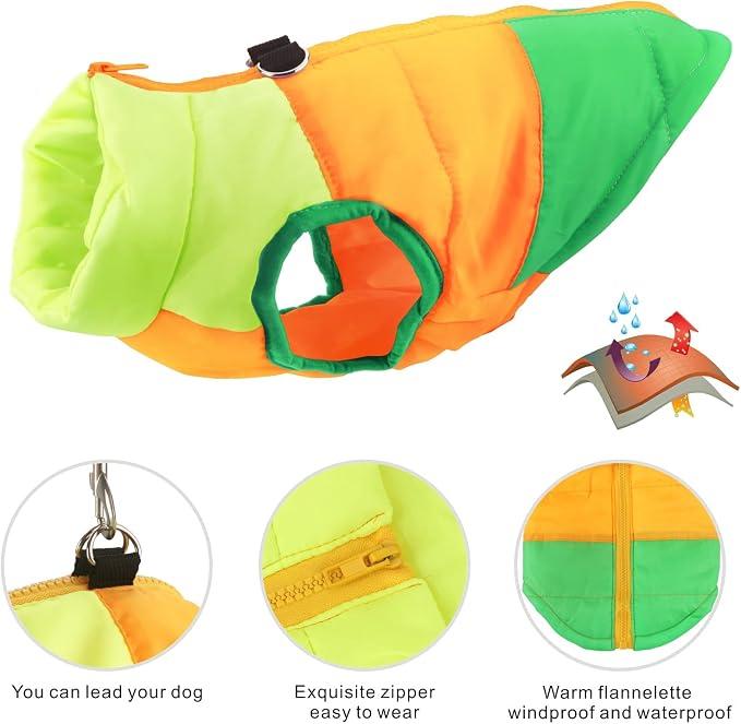 Idepet Pet Dog Cat Coat with Leash Anchor Color Patchwork Padded Puppy Vest Jacket Teddy Chihuahua Costumes Pug Cloth XS S M L (X-Small (Pack of 1), Green)