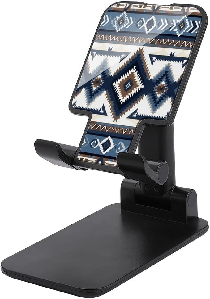 Collapsible Colorful Surf Blue Tribal Navajo Aztec Desktop Phone Holder | Geometric Ethnic Pattern, Cell Phone Stand, with Anti Slip Pad, Tablet Stand, Desk Office, Travel Accessories