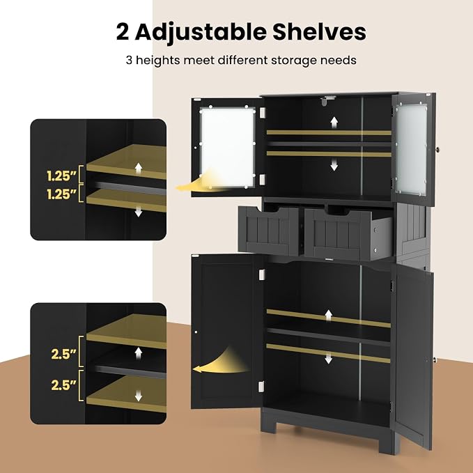 LOKO Bathroom Floor Cabinet, Storage Organizer with Glass Doors, Wooden Kitchen Cupboard with Adjustable Shelf for Living Room (Floor Cabinet with 2 Additional Drawers, Black)