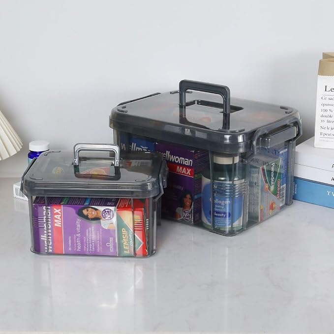 HEY FOLY 15qt Medicine Organizer Storage Box with Tray, Set of 2 Plastic First Aid Box Empty, Thickened Medicine Container Chest, Multipurpose Medical Case with Labels, Grey Medicine Caddy