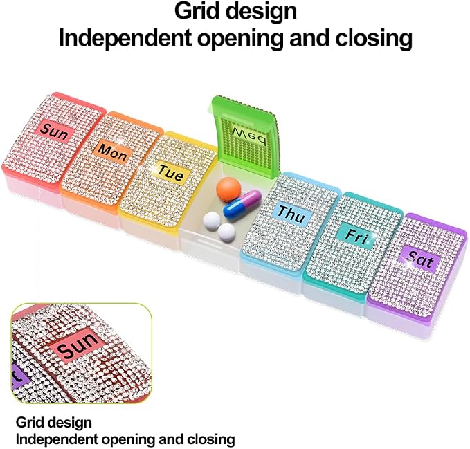 Diamond Weekly Pill Organizer Arthritis Friendly, BPA Free Travel 7 Day Pill Box Case and Large Compartment to Hold Vitamins, Cod Liver Oil, Supplements and Medication (Black)