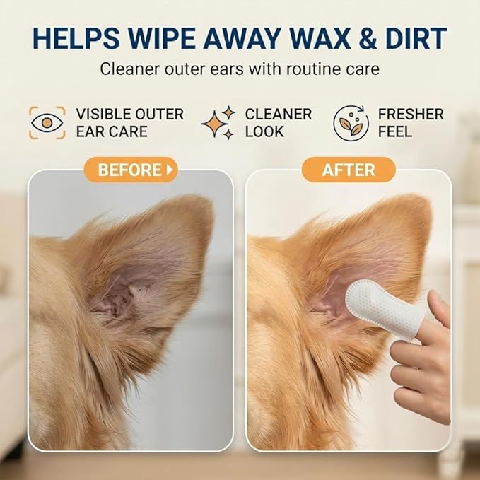 Dog Ear Wipes - 150 Count Finger Ear Cleaner for Dogs and Cats, Alcohol Free Plant Based Ear Cleaning, Remove Wax Dirt Odor