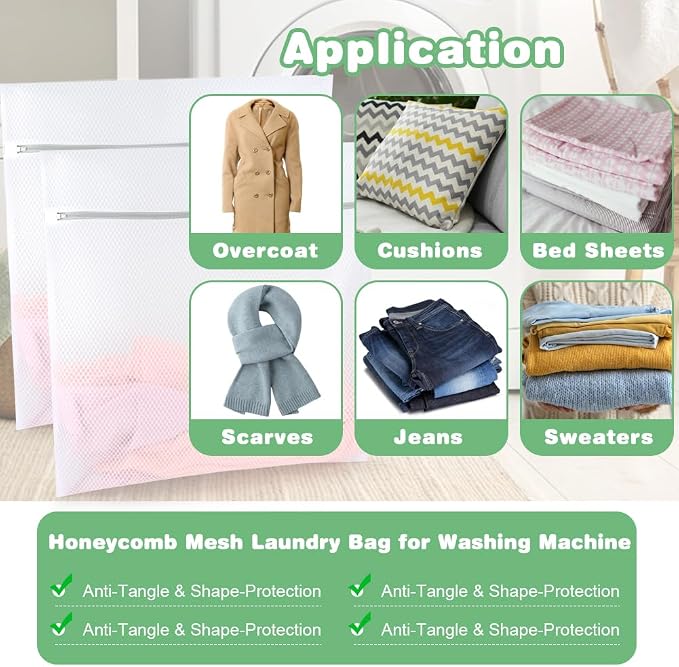 Tenn Well 2Pk 24x24" Honeycomb Mesh Laundry Bags XXL | XX-Large bags with colorful zipper for huge clothes, curtain, coverlet, carpet, durable honeycomb mesh