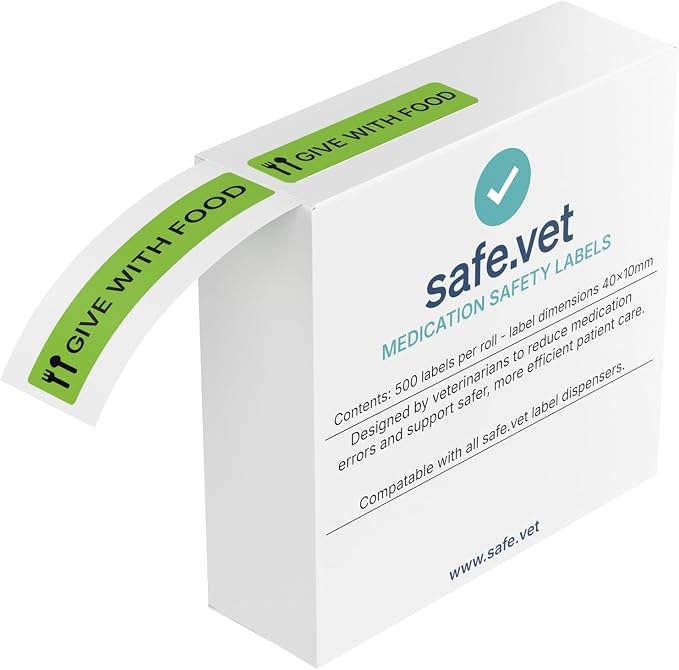 Dispensed Medication Veterinary Pharmacy Labels | Roll of 500 | Clinical-Grade Color-Coded Stickers for Medication Bottles (Give with Food)