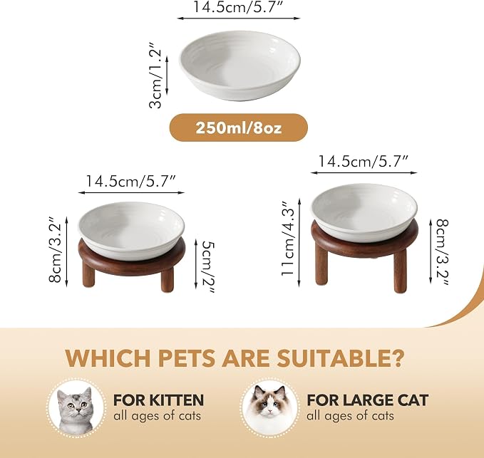 Havniva Elevated Cat Bowls, Ceramic Cat Bowl with Wood Stand, Wide Opening | 5.7” Raised Cat Food Bowls, Whisker Friendly Cat Dish, Anti-Slip Cat Water Bowls, Shallow Cat Bowls, Cat Food & Water Bowl