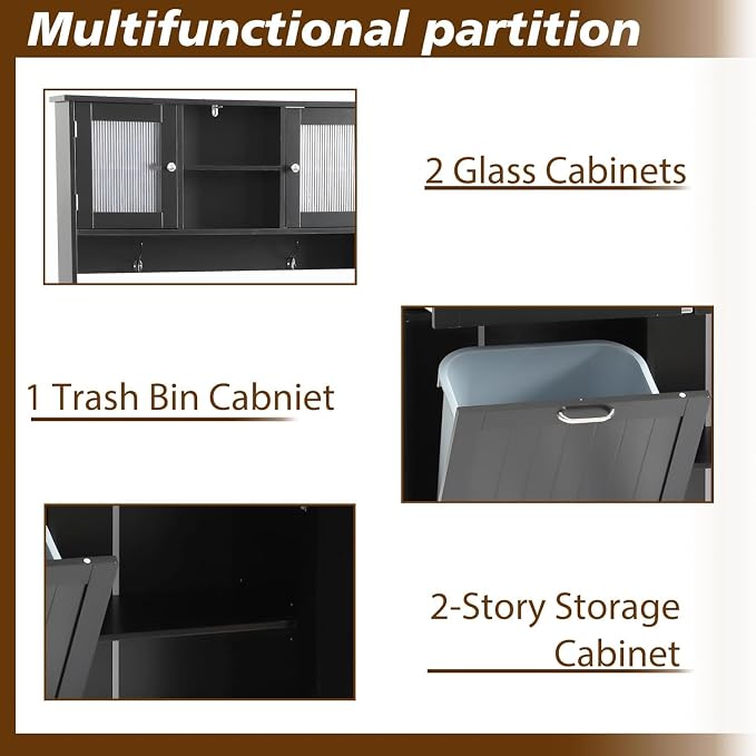 68.4" Kitchen Pantry Storage Cabinet, Freestanding Cupboard with Shelf, 2 Drawers and 1 Tilt Out Trash Cabinet, Tall Cabinets for Kitchen, Dinning Room, Living Room (Glossy Black, Single Tilt)