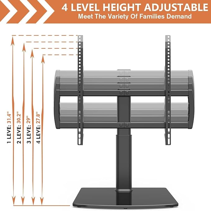 Universal Tabletop TV Stand with Wall Mount for 32 to 70 inch 4 Level Height Adjustable, Heavy Duty Tempered Glass Base, Holds up to 110lbs Screens, HT03B-002