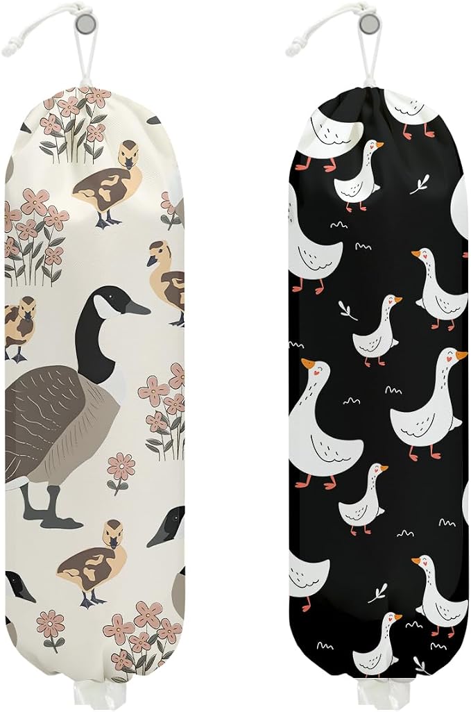 2 Pcs Goose Plastic Bag Holder, Wall Mount Trash Bag Holder 22.5x9 Inch | Silly Goose Reusable Grocery Bags Organizer Storage Dispenser for Home Kitchen Pantry, Floral Gifts for Women Mom