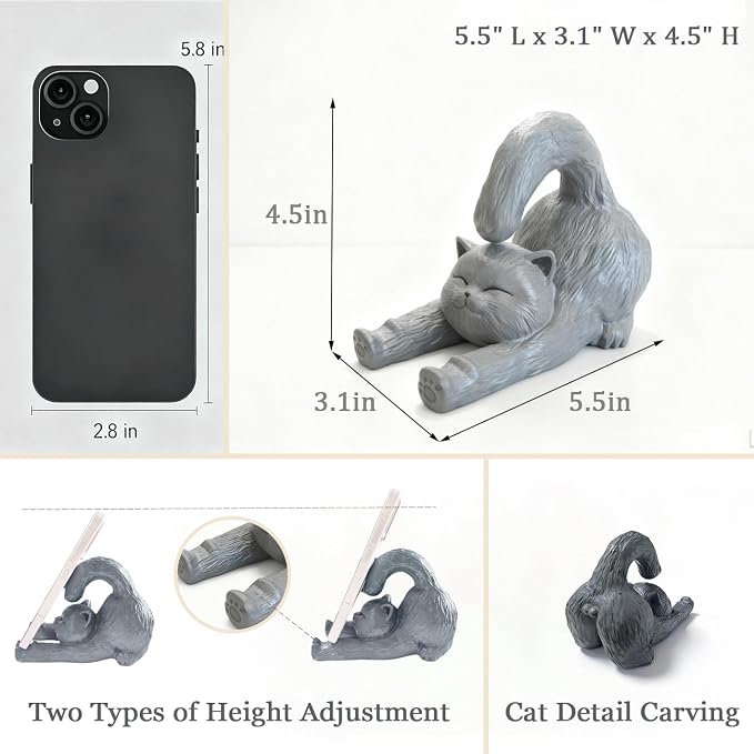 Cute Gray Feline Phone Stand for Desk, Stable Cell Phone & iPad Holder, Charming Desk Accessories for Cat Enthusiasts, Graduation for Women Teens Pet Owners